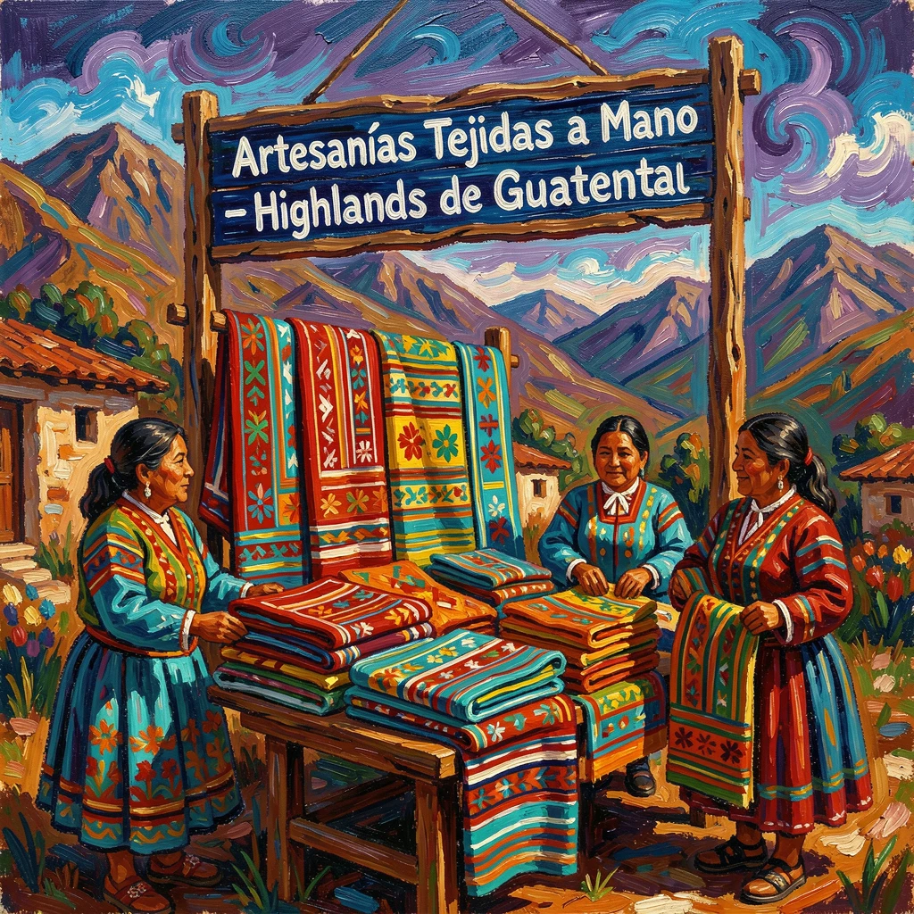 A colorful market stall selling handwoven textiles in the highlands of Guatemala.