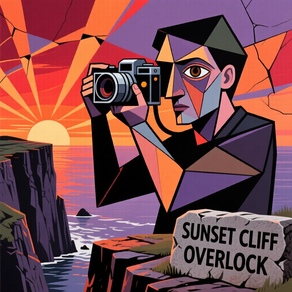 A photographer capturing a dramatic sunset from a cliffside overlook.