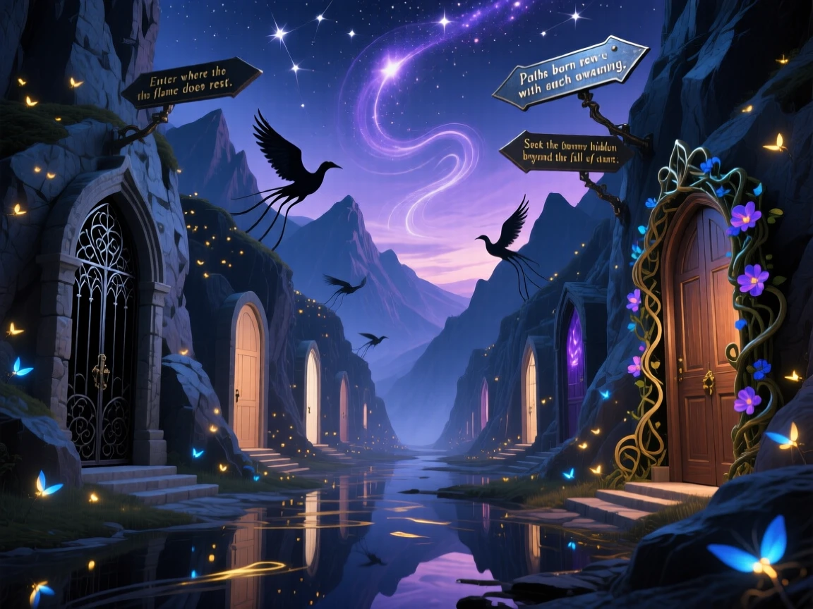 A mountain pass lined with doorways carved into solid rock unfolds new paths each time it is entered, as fireflies drift like scattered stars through the air.