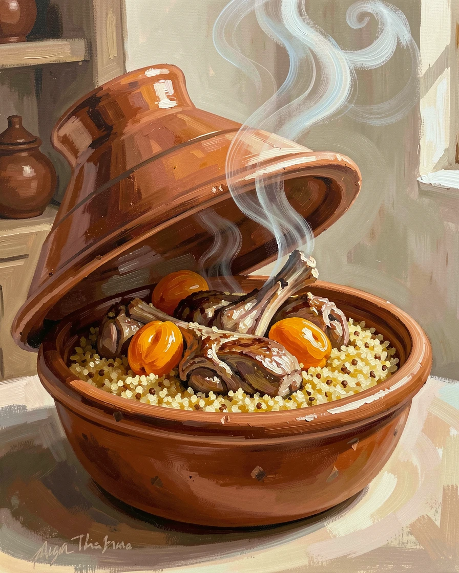 A vibrant Moroccan tagine releases fragrant steam as it's uncovered, revealing tender lamb and apricots nestled among golden couscous, natural light gently highlighting the colors and shapes of the dish from above.