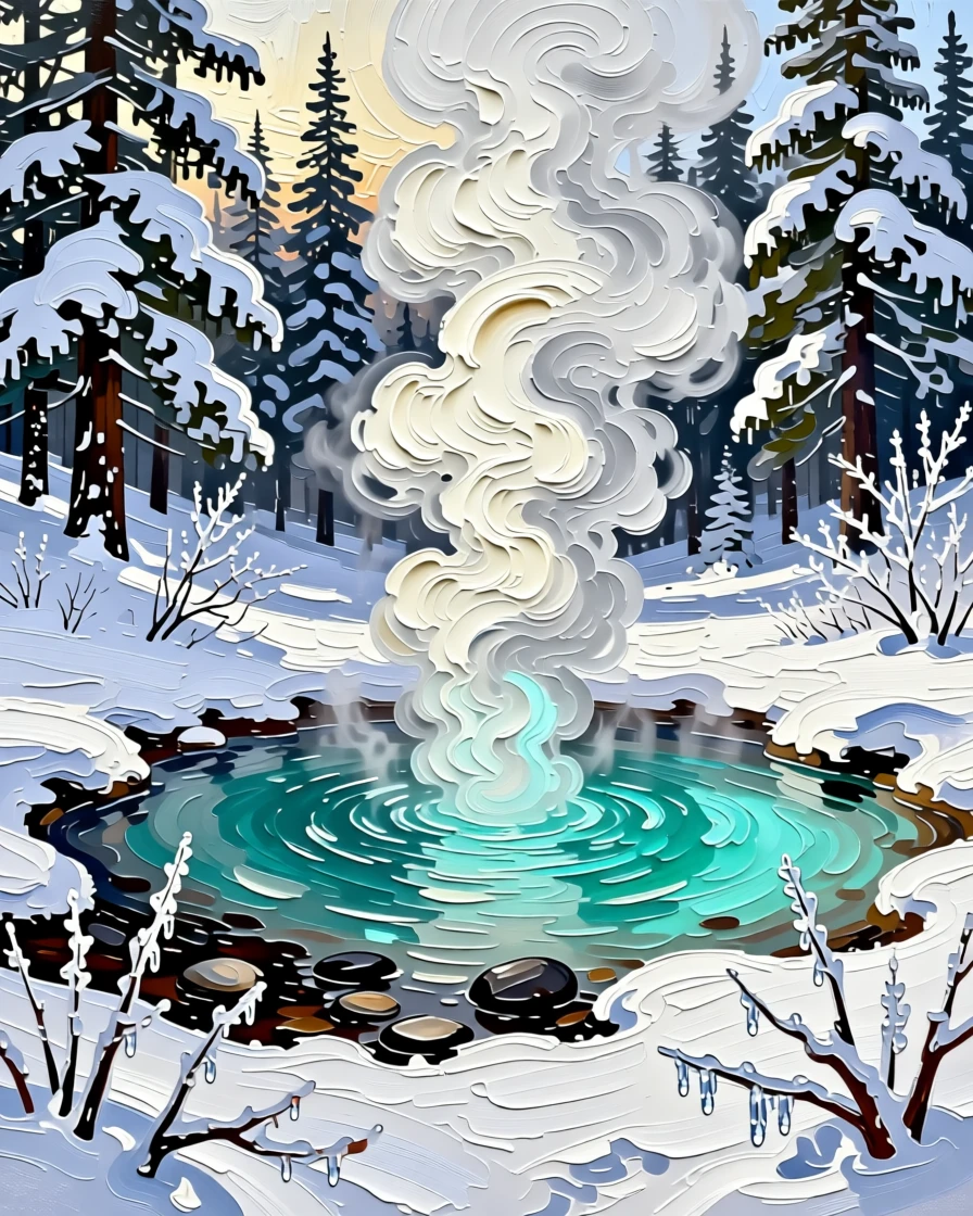 A hidden hot spring steaming in a snow-covered forest clearing