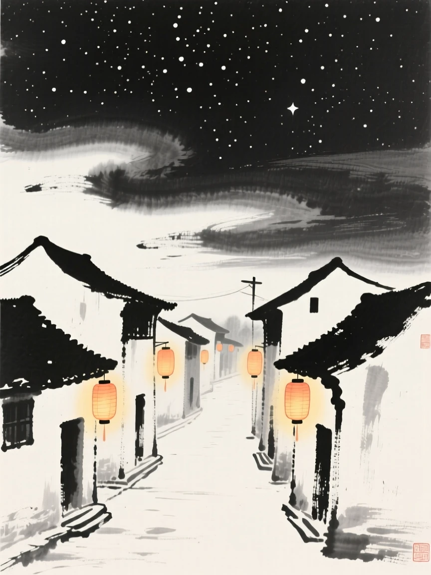 Lanterns glow warmly along a village street beneath a starlit sky, with clouds drifting slowly across the night sky.