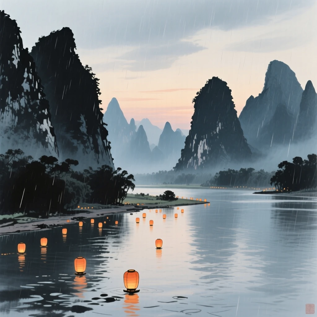 A range of jagged limestone karst peaks rising from a river, as lanterns are lit for the evening, through a curtain of fine rain.