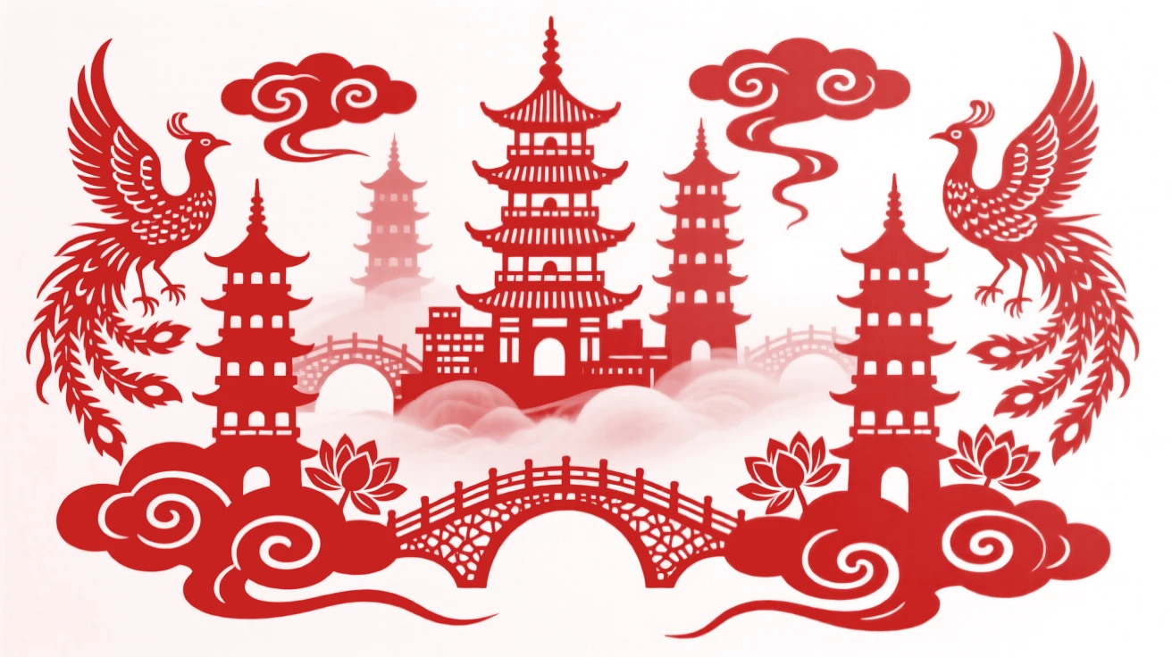 A celestial city floating among clouds, its pagoda towers connected by bridges of shimmering mist