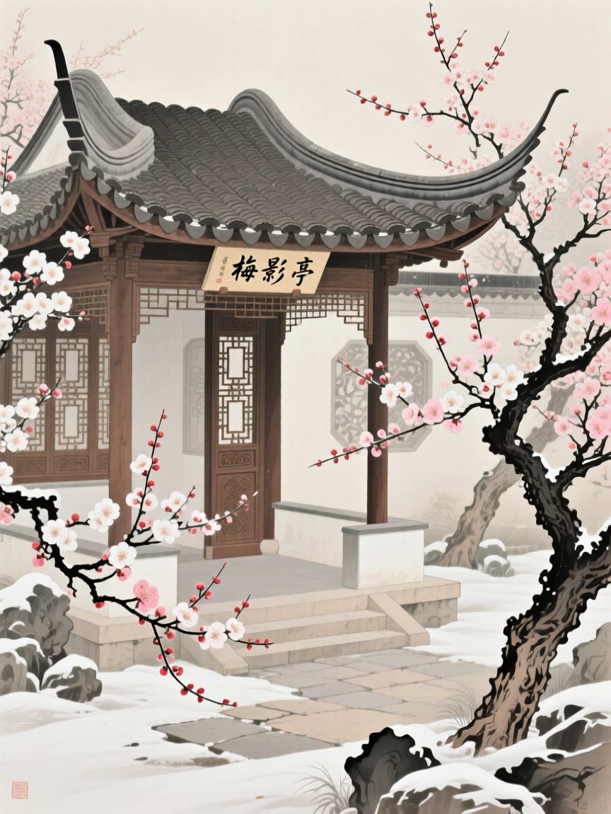 A garden pavilion surrounded by blooming plum blossoms in late winter