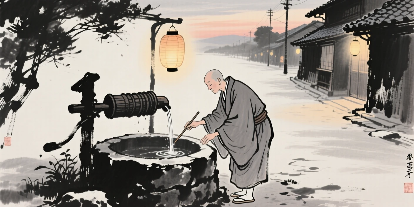 A robed monk drawing water from a village well along a lantern-lit street at dusk, framed intimately, focusing on quiet gesture and expression, carrying a tender sense of familial warmth.