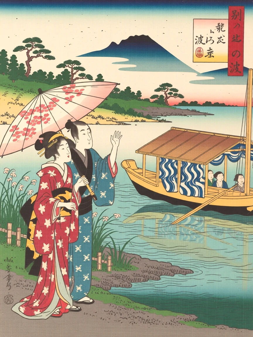 A couple sharing an umbrella waving farewell from the shore as a boat departs.