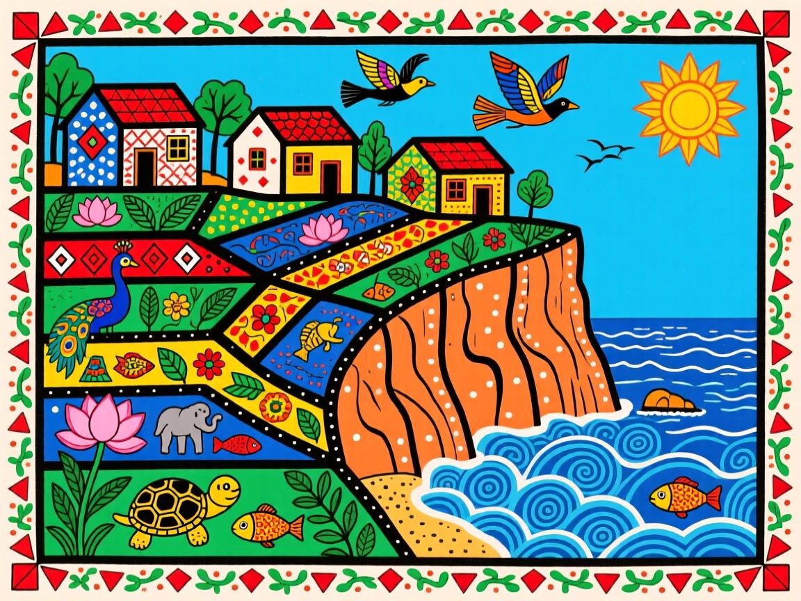 A coastal cliff village with terraced gardens leading down to the sea.