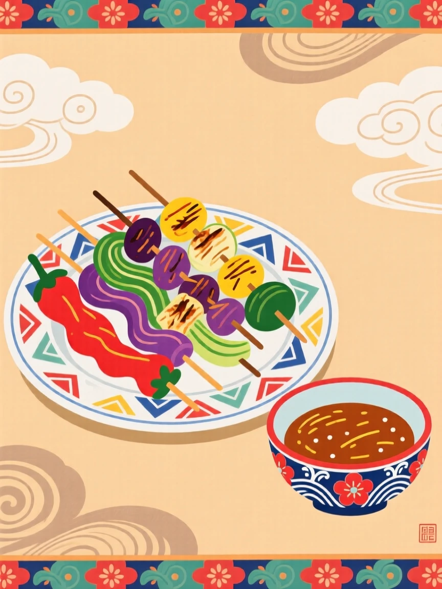 A plate of grilled skewered vegetables beside a dipping sauce.