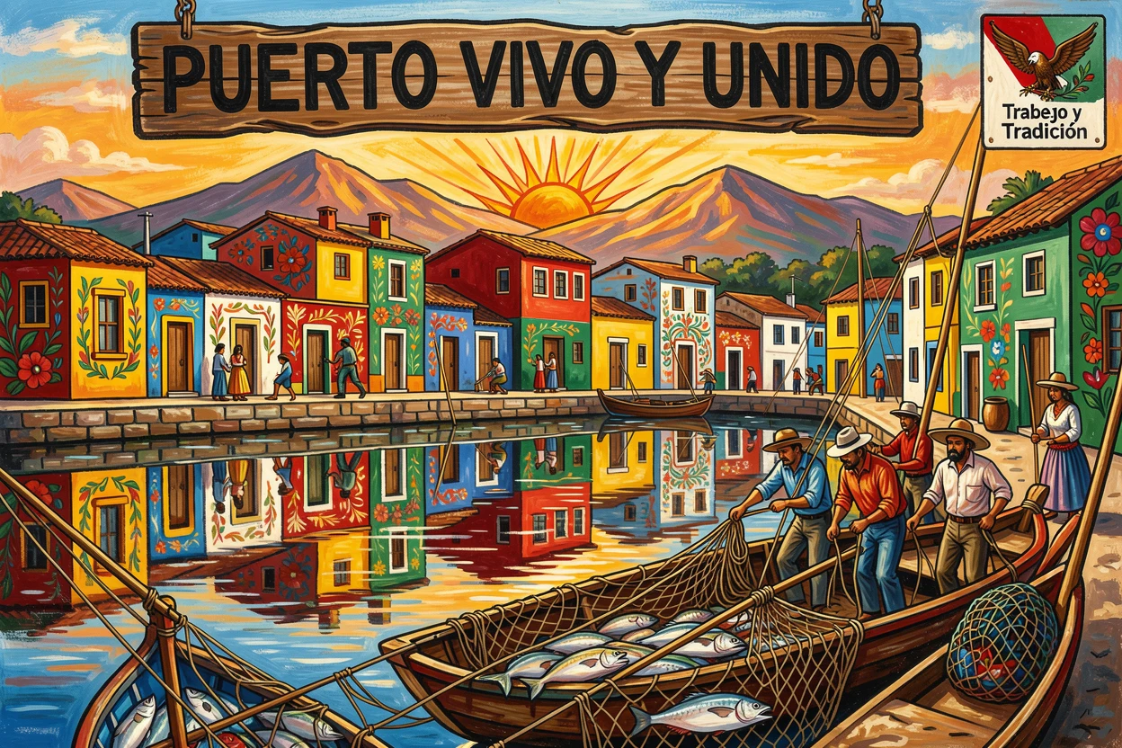 A harbor town with colorful houses reflecting in still water