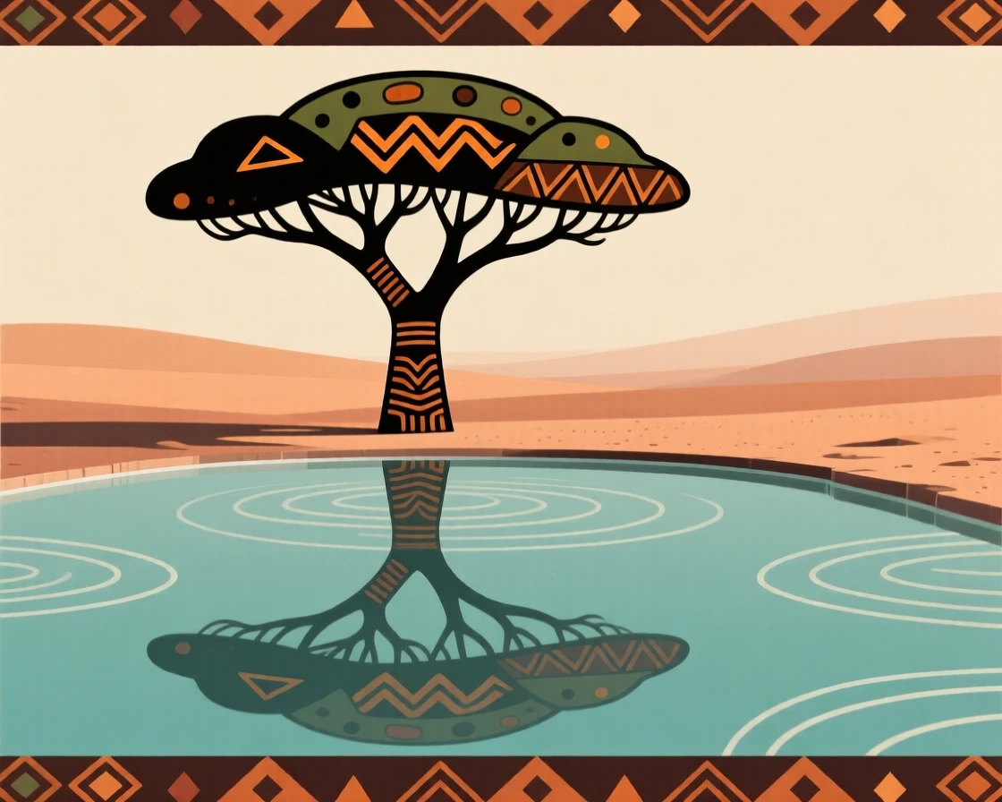 A solitary acacia tree reflected in the still water of a nearby pool.