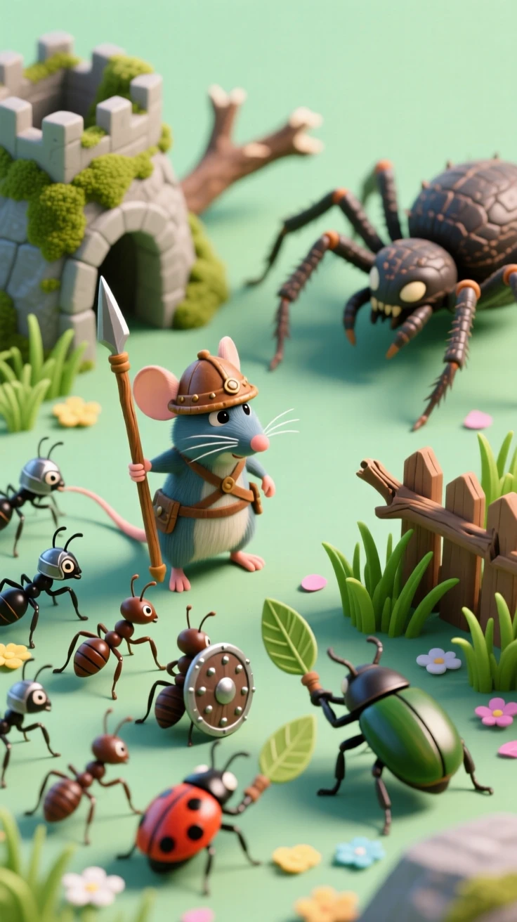 A brave field mouse leading an army of insects against a spider in an epic backyard battle scene.