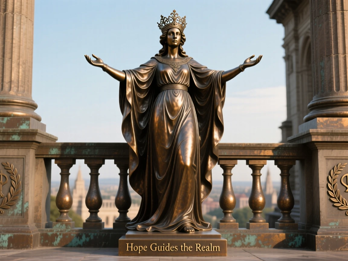 A queen surveying her kingdom from a high balcony, with hands outstretched in a gesture of hope, forming a strong central focal point