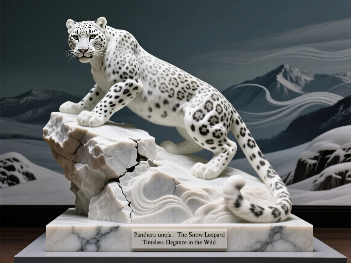 An evocative depiction of a snow leopard perched on a rocky outcrop, framed by dramatic natural scenery, balancing detail with emotional depth