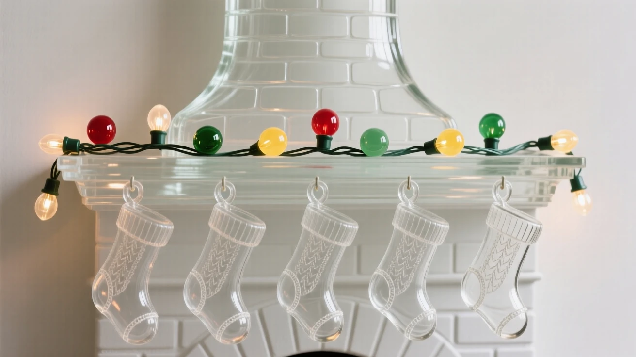 A chimney with stockings hung carefully in a row beneath strings of twinkling holiday lights