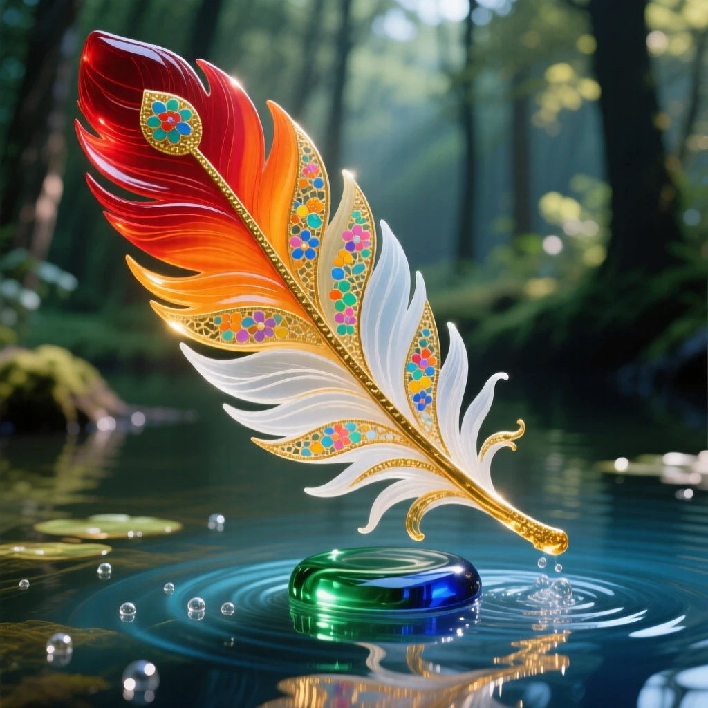 A grand phoenix feather drifting gently onto a still forest pond, poetic and delicate.