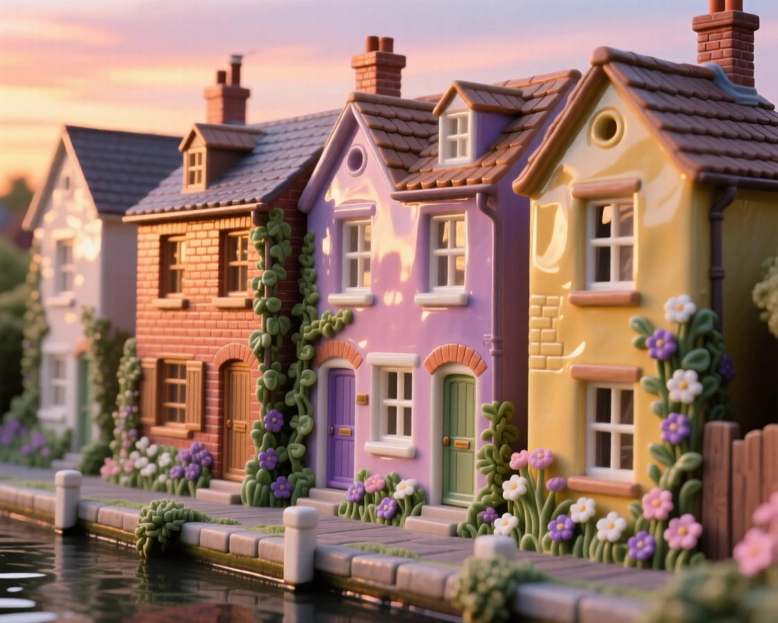 A row of colorful canal-side houses captured in the soft glow of sunset, surrounded by climbing ivy and wildflowers, conveying serenity and architectural majesty.