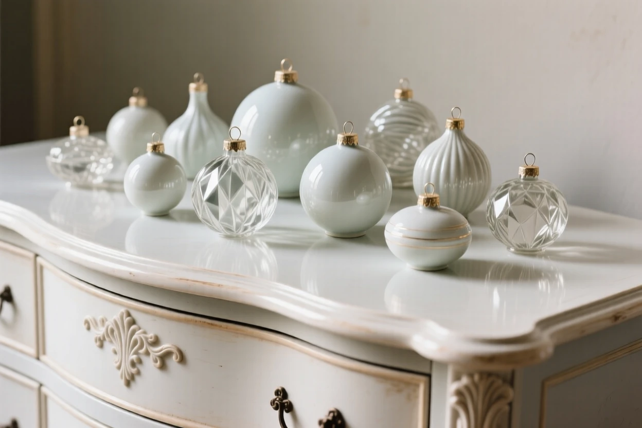 A collection of glass ornaments arranged across an antique dresser, forming a harmonious, elegant composition.