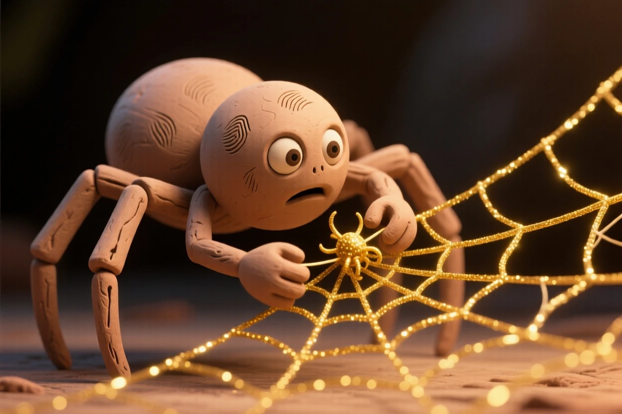 Anansi the spider spinning a web of glowing golden threads