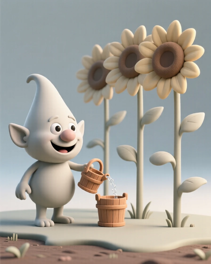 A cheerful garden troll waters a row of giant sunflowers taller than himself with a tiny wooden bucket.
