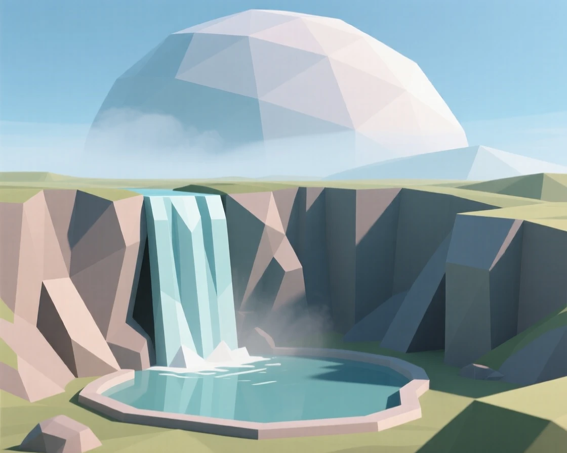A towering waterfall cascading into a turquoise pool, beneath a sky painted in sunset hues. fine atmospheric haze adds depth to the distance. The scene feels vast and awe-inspiring.