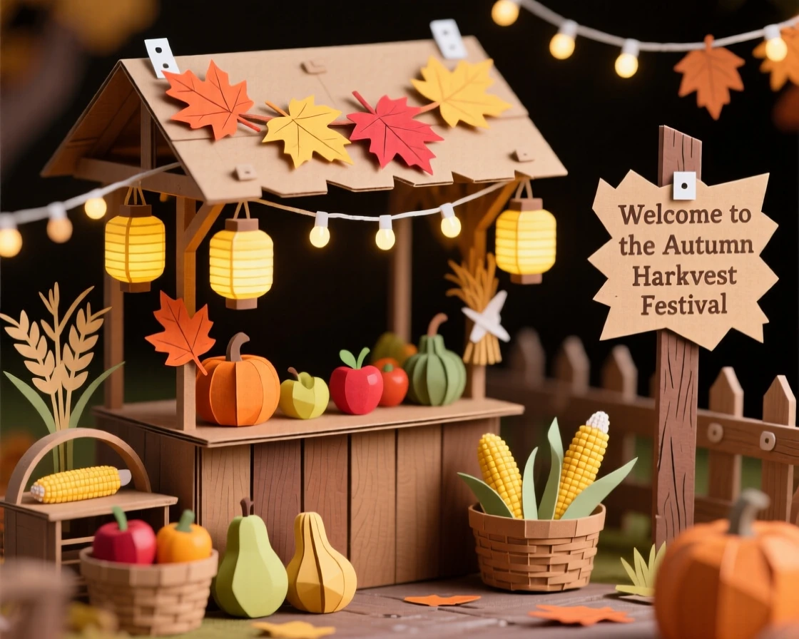 A charming autumn harvest festival decorated with warm twinkling lights, with garlands and ornaments adorning every corner, capturing cherished holiday tradition.