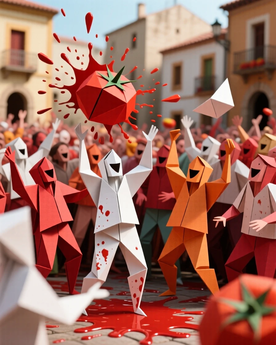A Spanish La Tomatina festival scene with a joyful crowd covered in tomato splashes.