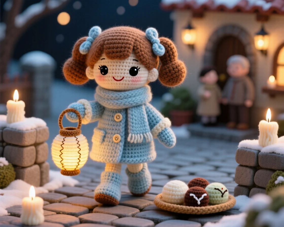 a little girl holding a paper lantern, for a winter solstice celebration, walking through a candlelit courtyard, at a cozy family courtyard set for a celebration, with a small tray of traditional sweets nearby, radiating heartfelt togetherness during a special gathering.