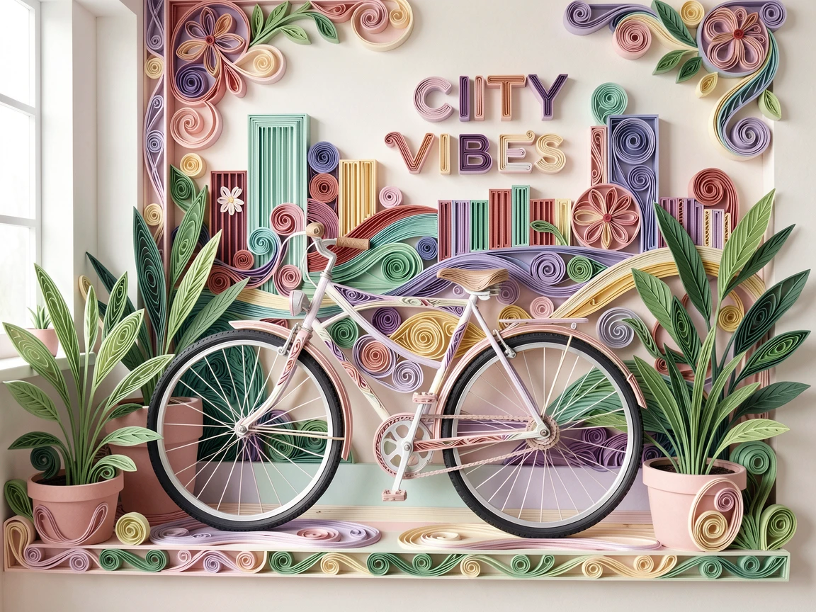 a stylish bicycle leaning against a colorful city mural, in a bright, plant-filled apartment, framed from a casual eye-level perspective, in a calm, soothing palette of muted pastels.