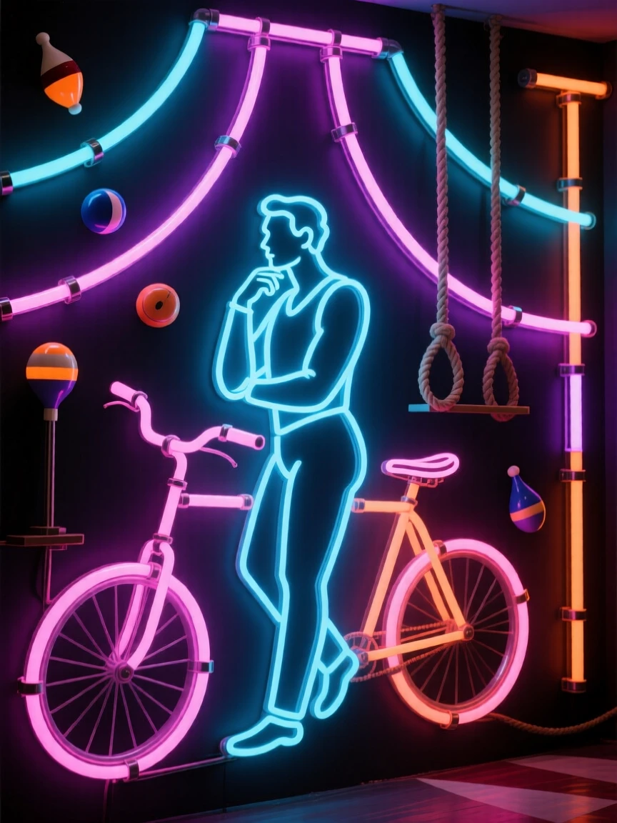 A circus performer pausing thoughtfully while surrounded by the tools of their trade.