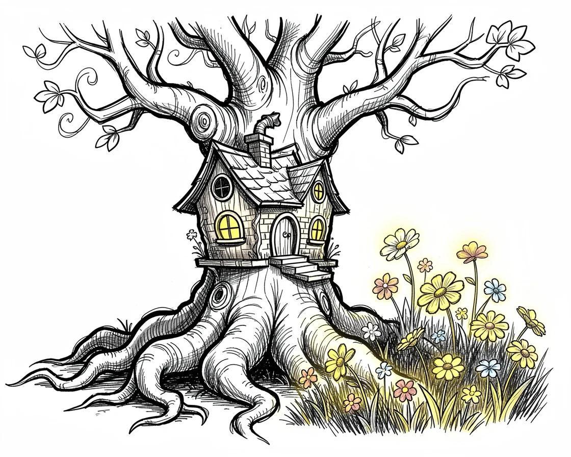 A cottage built into the trunk of a giant tree beside a garden full of glowing flowers.
