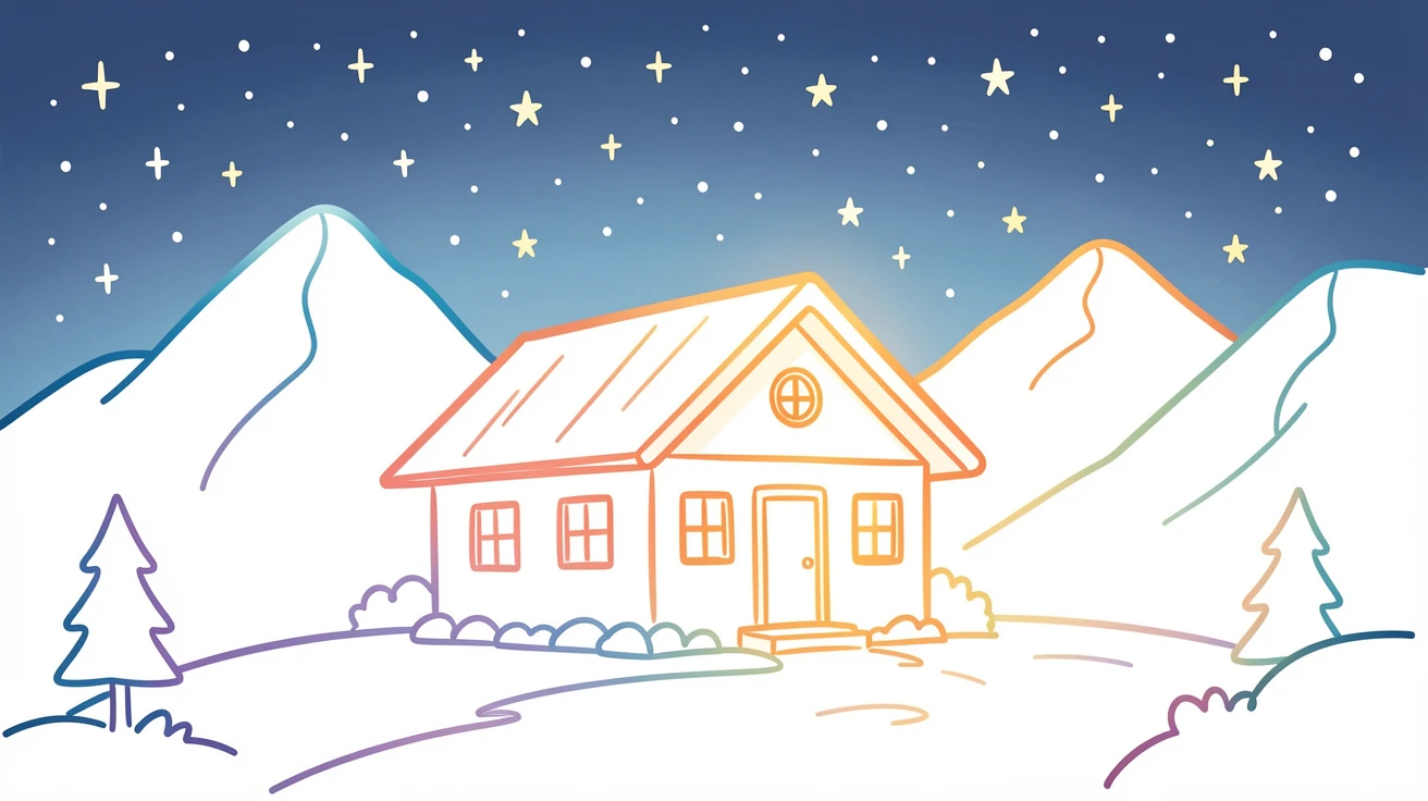A quiet mountain refuge hut glowing warmly against a starry night sky.