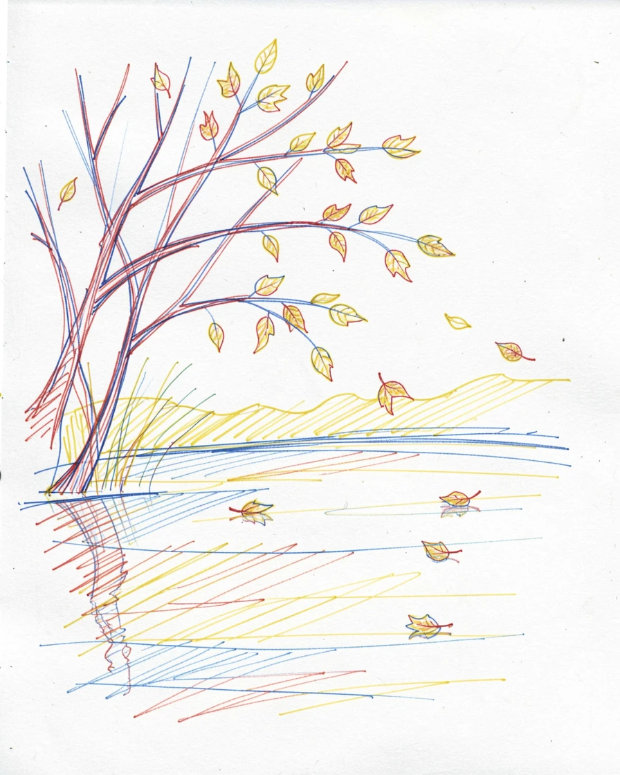 A gentle autumn breeze carrying golden leaves across a quiet pond
