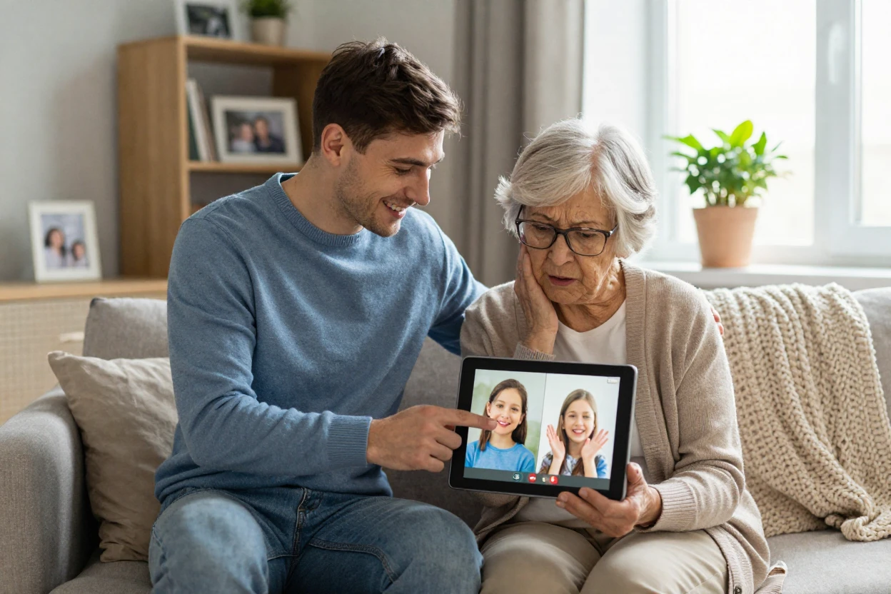 A young man teaches an elderly neighbor to video call her grandchildren for the first time.