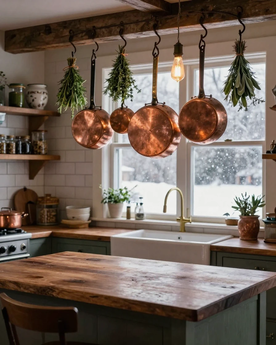 A kitchen filled with hanging herbs and copper pans, welcoming and warm, during a quiet snowfall outside