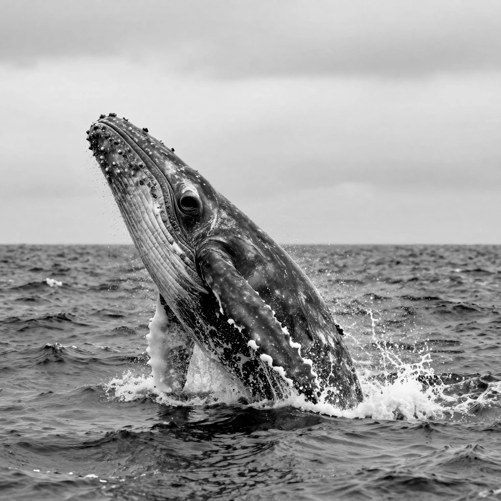 A humpback whale breaches the surface in a spray of foam in the open ocean.