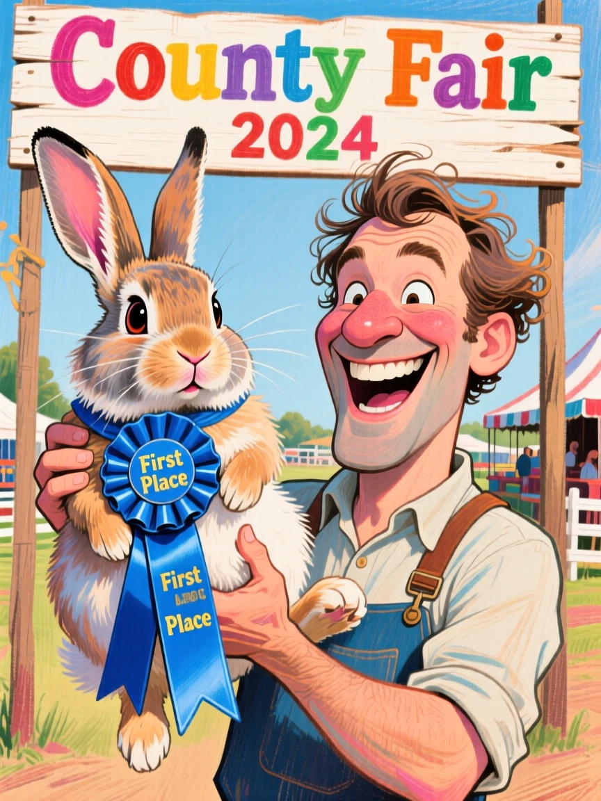 A man proudly showing off his prize-winning show rabbit at a county fair.