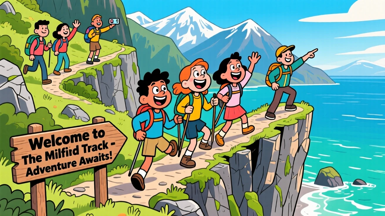 An iconic travel scene featuring a group of friends hiking along a dramatic cliffside trail in New Zealand, surrounded by cheerful fellow travelers.