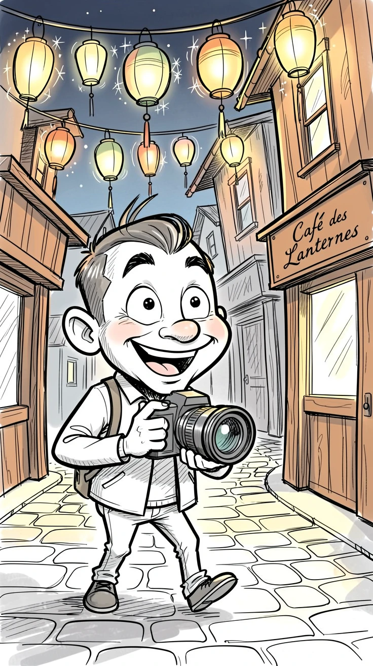 [Travel & Cultural Experiences] Vivid travel scene of a delighted photographer wandering through a lantern-lit old town, full of wonder and adventure