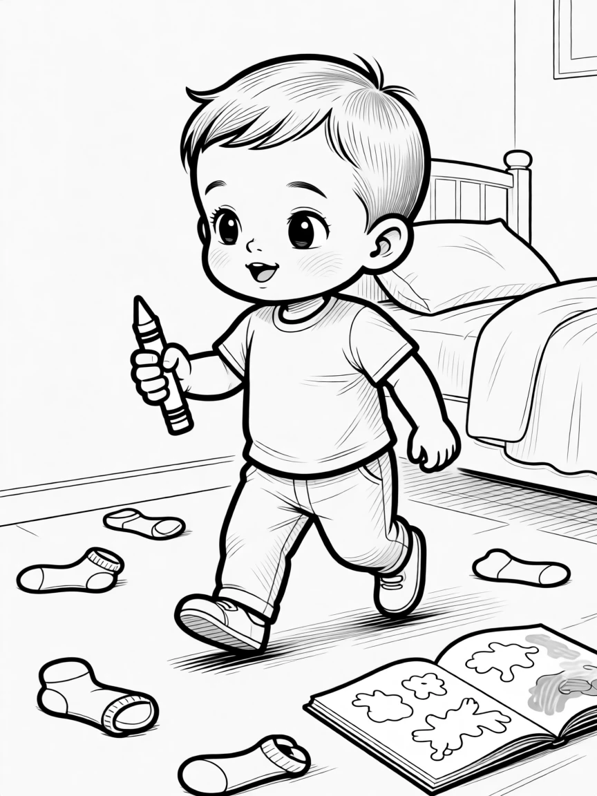 A toddler taking his very first wobbly steps, clutching the crayon in a white-knuckled grip, set in a bedroom scattered with mismatched socks. A half-finished coloring book lies open on the floor. It feels like a cherished memory frozen in time.