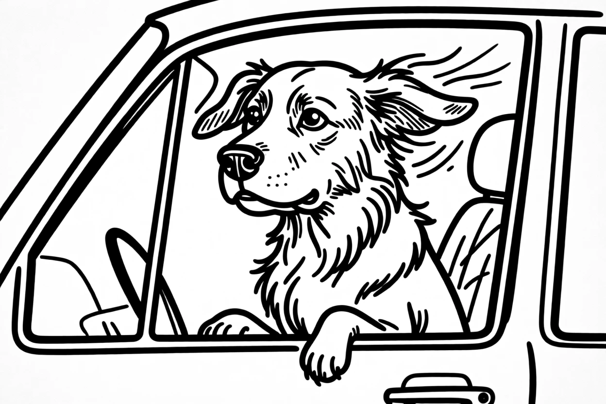 A golden retriever sitting attentively in a car window, ears flapping in the breeze.