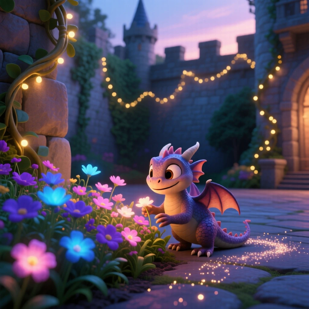A small dragon hatchling stands in a castle courtyard draped in twinkling vines, tending to a garden of luminous flowers. A magical, wondrous stillness fills the scene, with a trail of glimmering dust following each step.