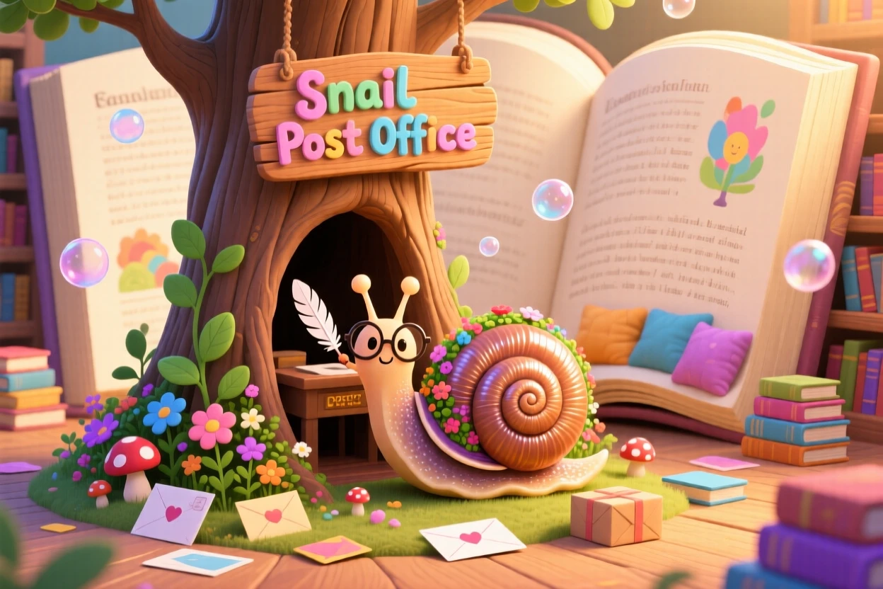 In a library built inside an enormous book, a snail carrying its own garden spends the day running a post office out of a hollow tree, as tiny bubbles drift lazily by.