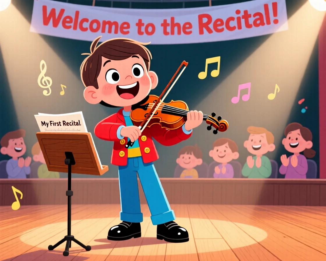 A young musician performing their first recital piece.