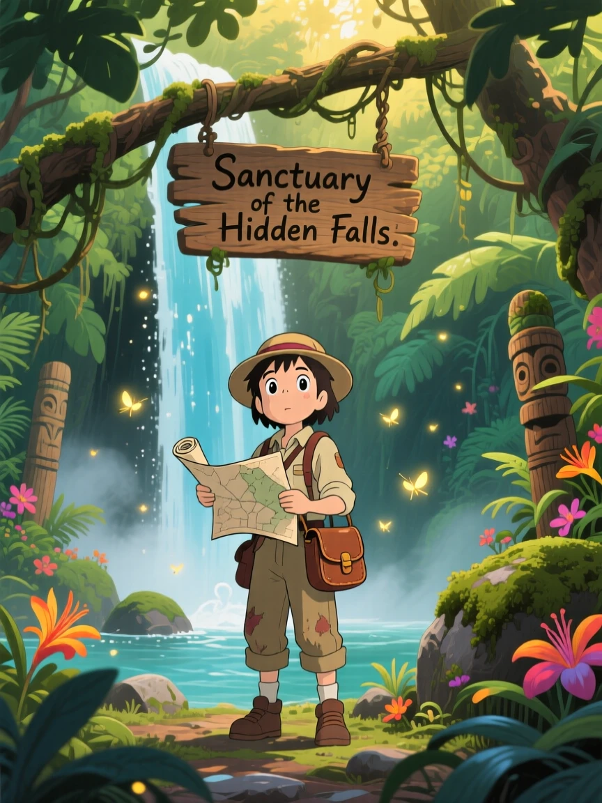 An explorer discovering a hidden waterfall deep in the jungle, the moment quietly triumphant.