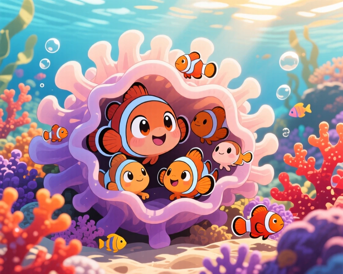 Medium shot: a young clownfish family, playing hide and seek in an anemone, set against a colorful coral reef on a warm tropical afternoon, with soft golden-hour sunlight and a mood of wide-eyed wonder.