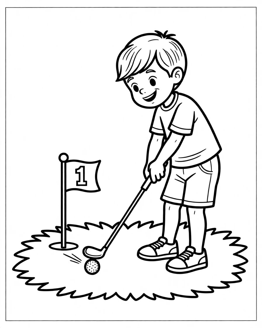 A child learning to golf with a small club and ball