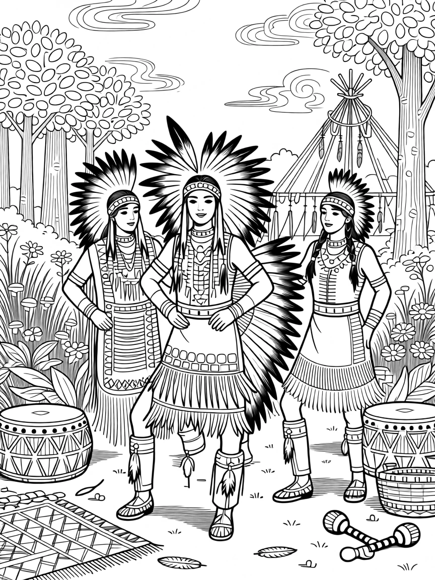A powwow scene with dancers in beaded regalia.
