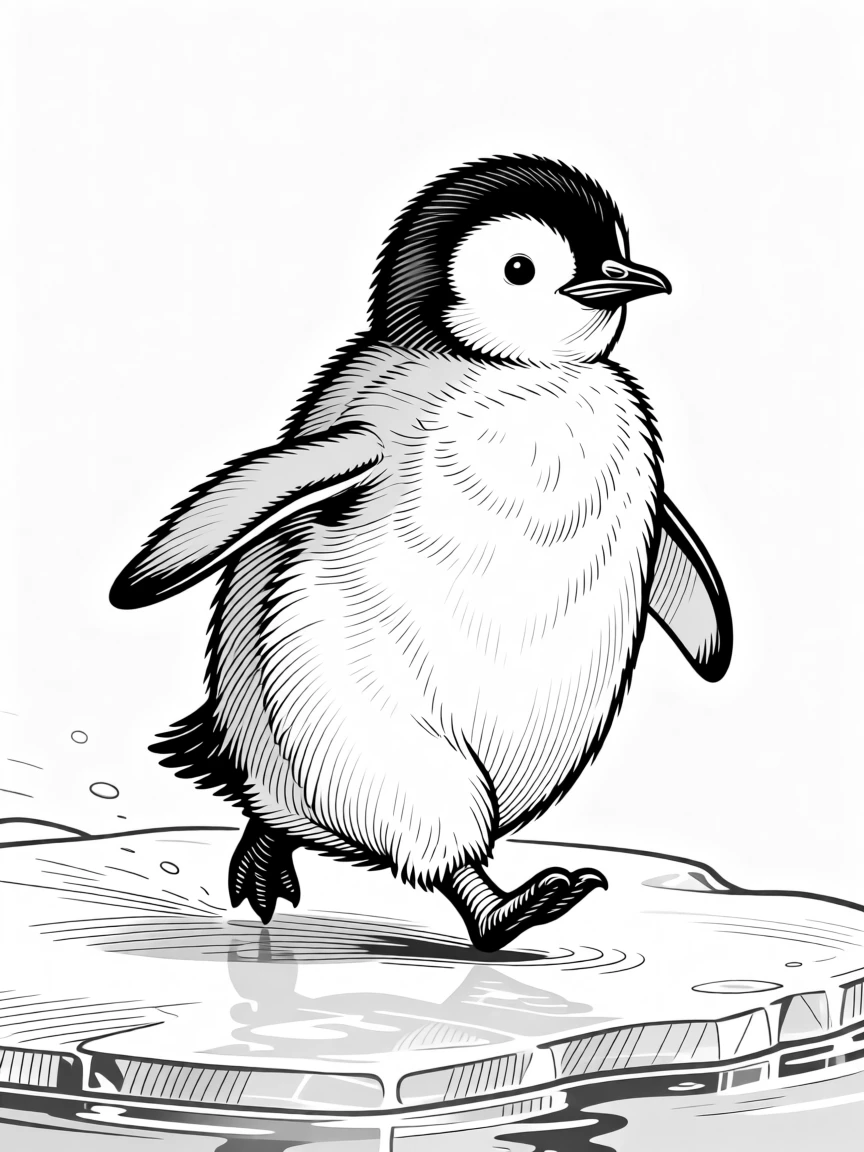 A chubby penguin chick waddling on ice