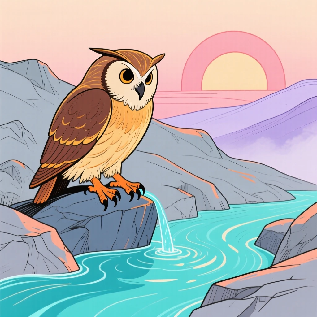 A wise old owl drinking from a stream on a rocky hillside at sunrise.